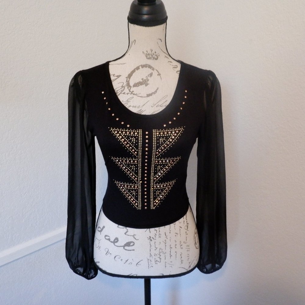 Black & Gold Rhinestone Top w/ Sheer Long Sleeves